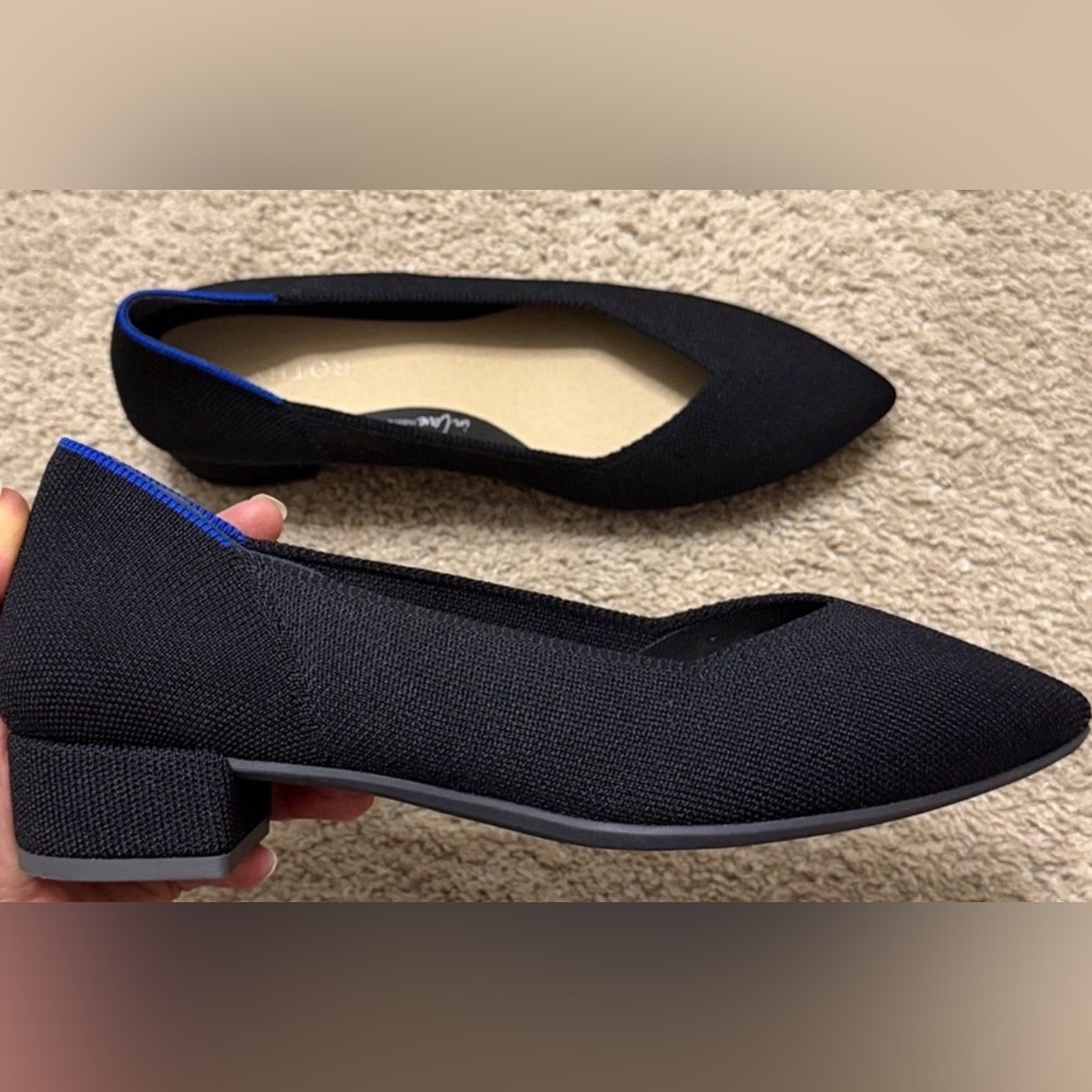 Rothy's Black Pointed-Toe Low Block Heel with Blue Trim